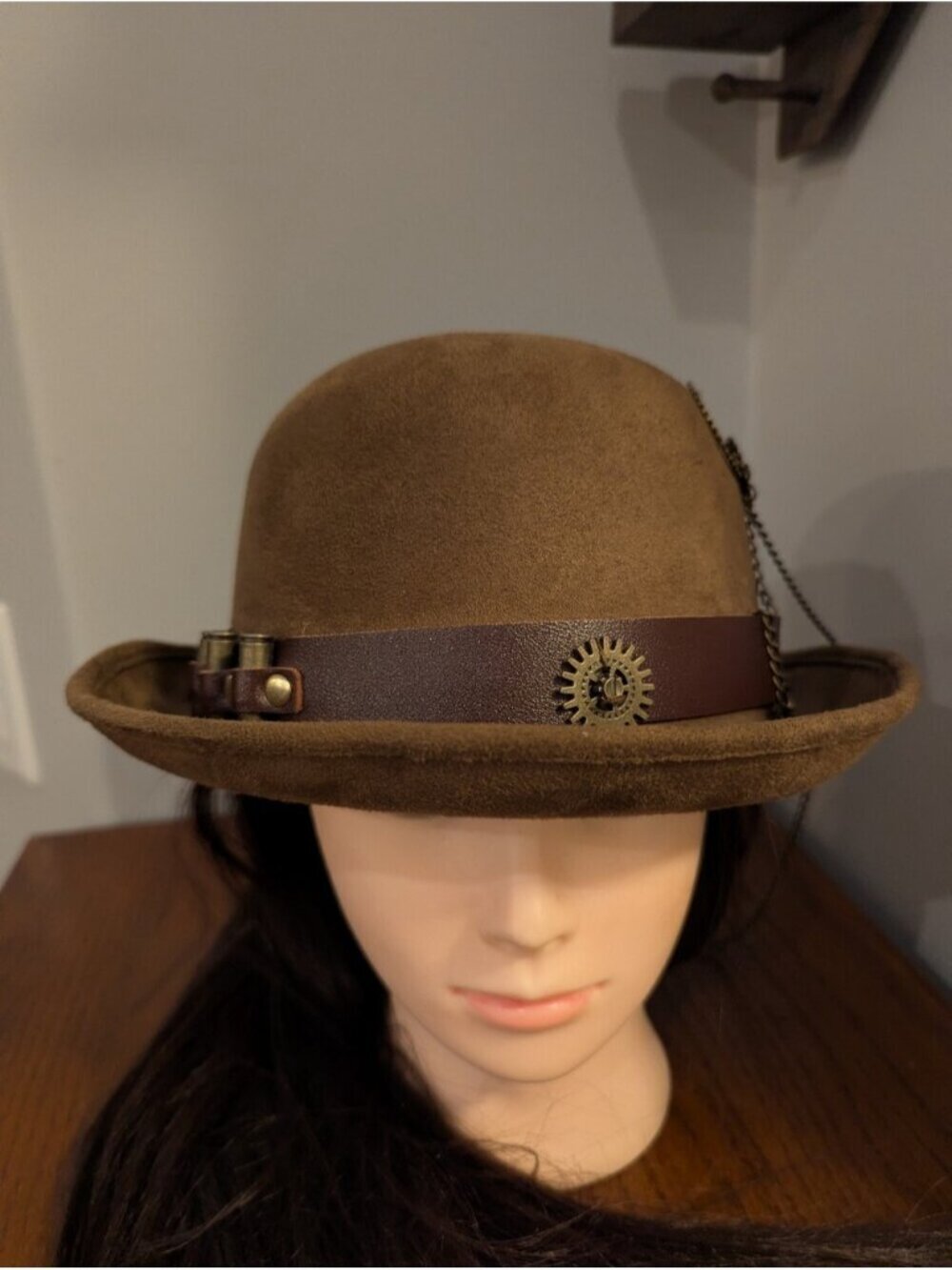 Steampunk Hat with gears Chain & Ammo, Brown bowler hat Renaissance Unisex OS - Picture 10 of 11